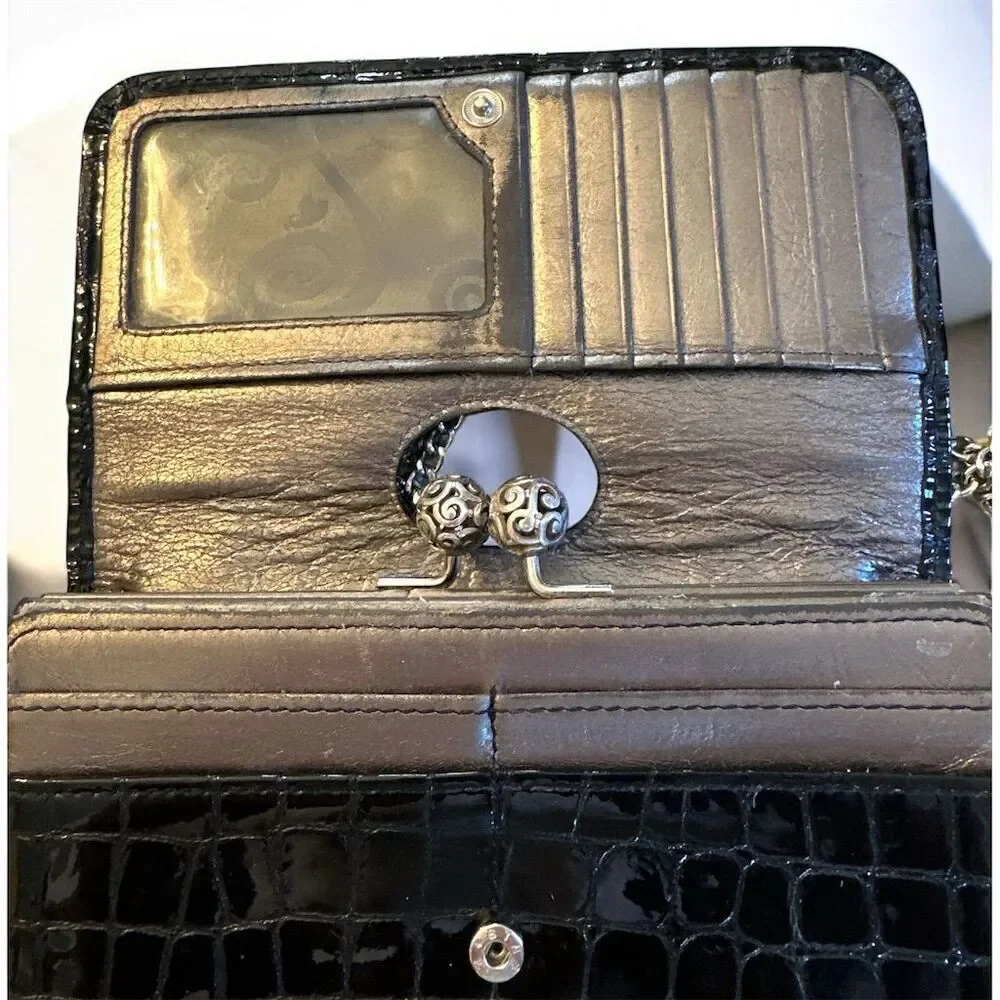 Brighton Black Crocodile Embossed Silver Floral Hardware Wallet Crossbody Chain